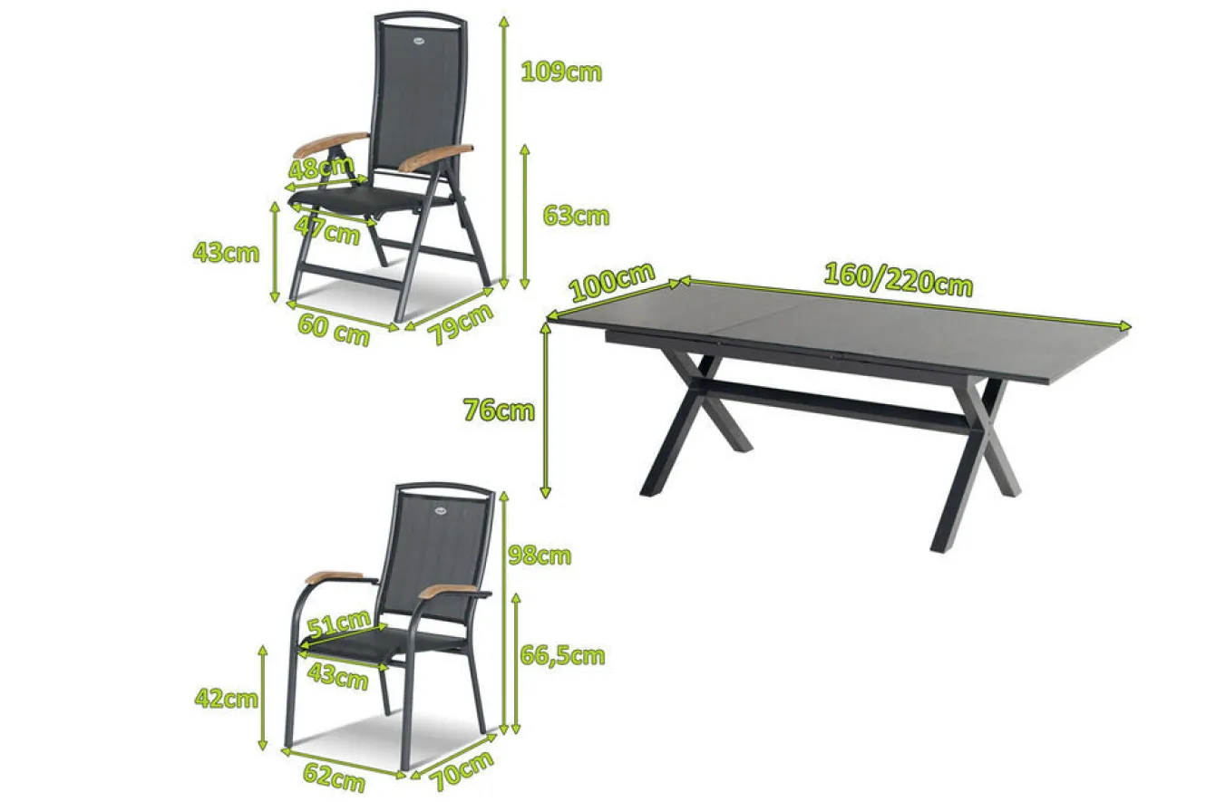 HARTMAN Xanadu / Raffaelo Garten-Essgruppe, xerix/natur, Alu/Teak/Glaskeramik, 2 Dining Sessel, 6 Klappstühle, 160/220x100cm, Teak Armlehnen