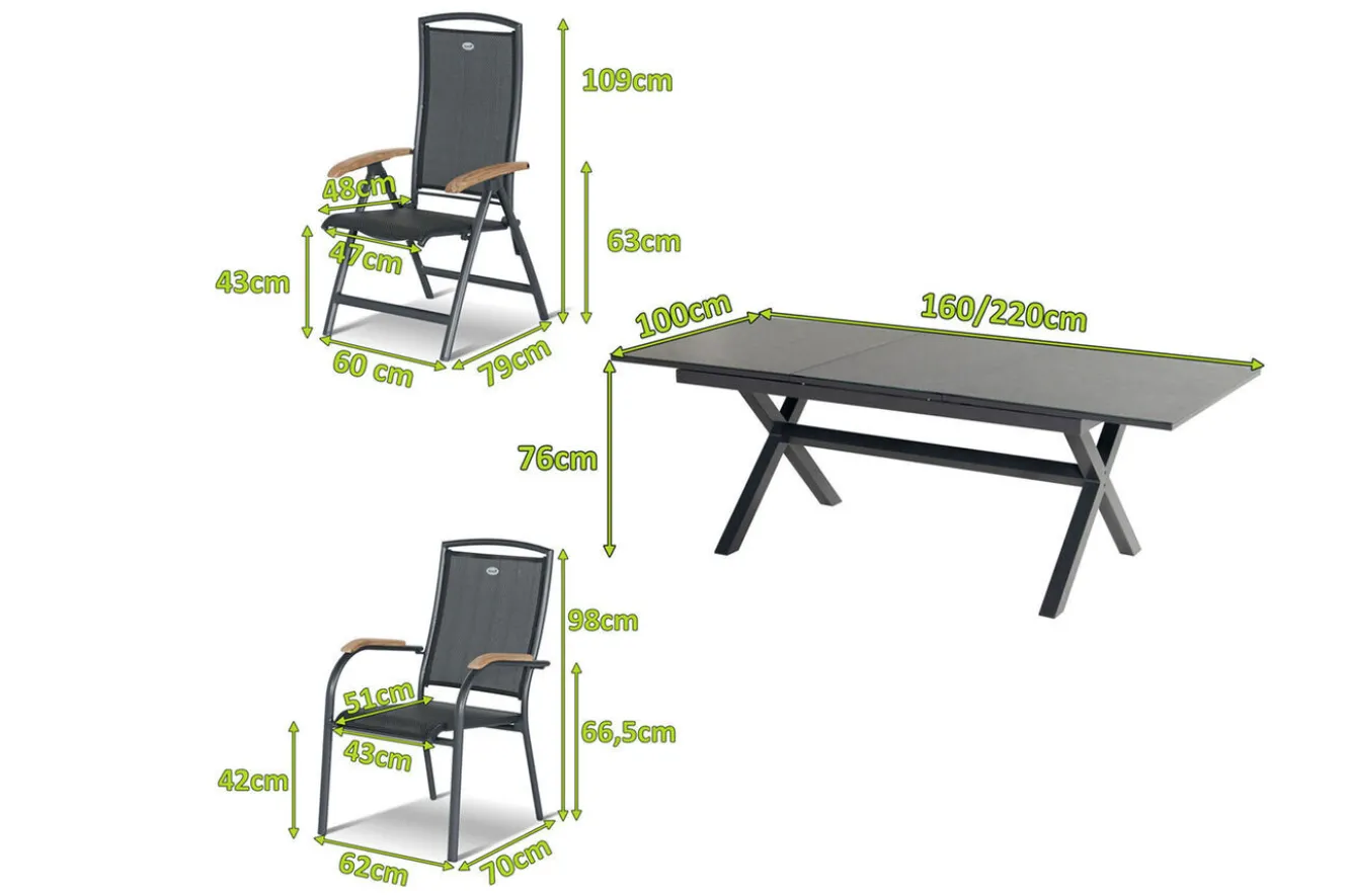 HARTMAN Xanadu / Raffaelo Garten-Essgruppe, xerix/natur, Alu/Teak/Glaskeramik, 2 Dining Sessel, 6 Klappstühle, 160/220x100cm, Teak Armlehnen