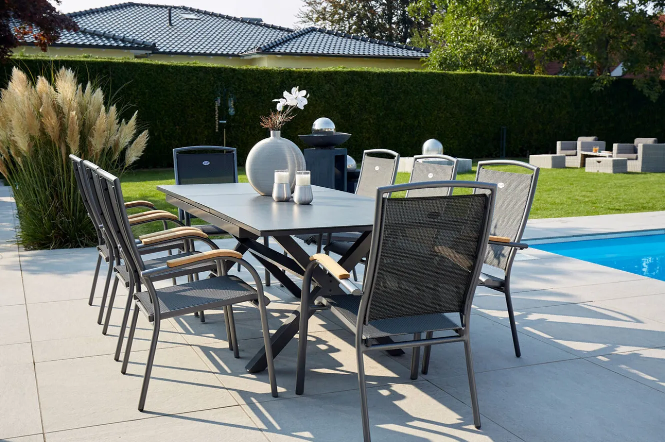 HARTMAN Xanadu / Raffaelo Garten-Essgruppe, xerix/natur, Alu/Teak/Glaskeramik, 8 Dining Sessel, 160/220x100cm, Teak Armlehnen