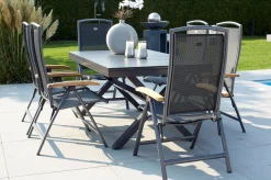 HARTMAN Xanadu / Raffaelo Garten-Essgruppe, xerix/natur, Alu/Teak/Glaskeramik, 6 Klappstühle, 160/220x100cm, Teak Armlehnen
