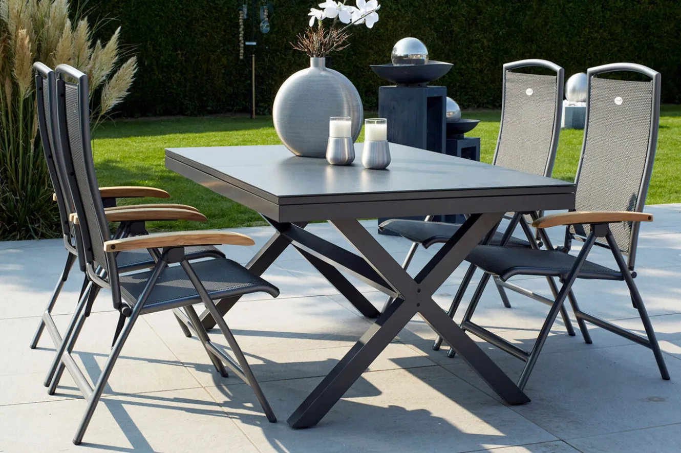 HARTMAN Xanadu / Raffaelo Garten-Essgruppe, xerix/natur, Alu/Teak/Glaskeramik, 4 Klappstühle, 160/220x100cm, Teak Armlehnen