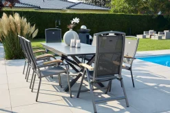 HARTMAN Xanadu / Raffaelo Garten-Essgruppe, xerix/natur, Alu/Teak/Glaskeramik, 6 Dining Sessel, 2 Klappstühle, 160/220x100cm, Teak Armlehnen