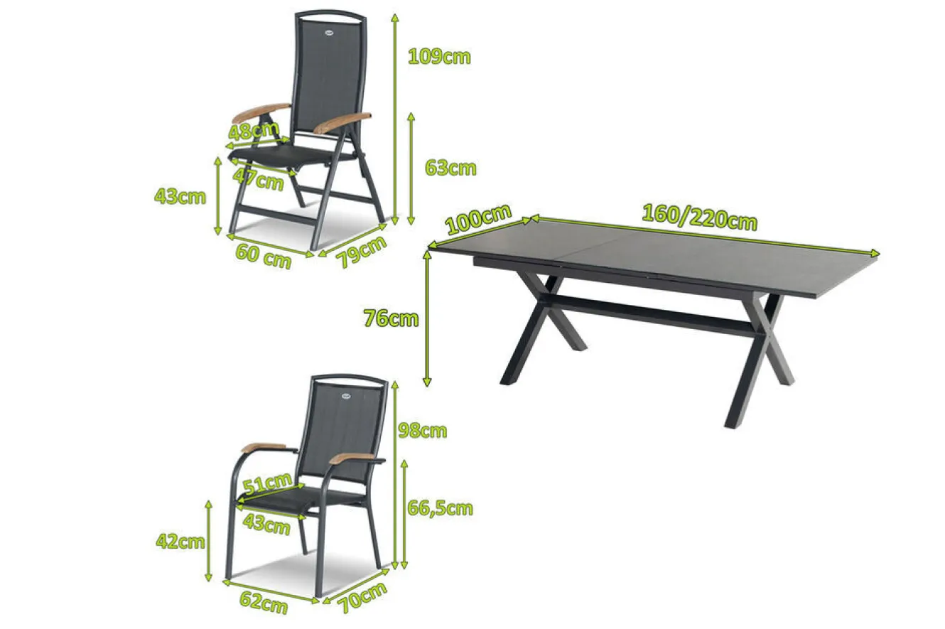 HARTMAN Xanadu / Raffaelo Garten-Essgruppe, xerix/natur, Alu/Teak/Glaskeramik, 6 Dining Sessel, 2 Klappstühle, 160/220x100cm, Teak Armlehnen