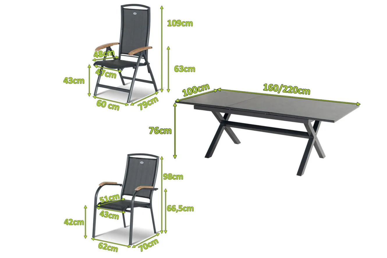 HARTMAN Xanadu / Raffaelo Garten-Essgruppe, xerix/natur, Alu/Teak/Glaskeramik, 6 Dining Sessel, 2 Klappstühle, 160/220x100cm, Teak Armlehnen