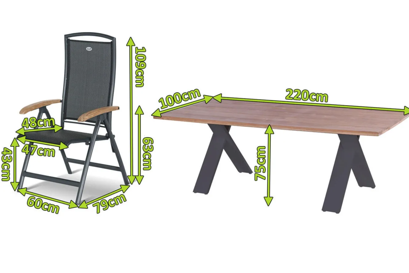HARTMAN Xanadu / Raffaelo Garten-Essgruppe, xerix/anthrazit, Alu/Teakholz, 8 Klappstühle, 220x100cm