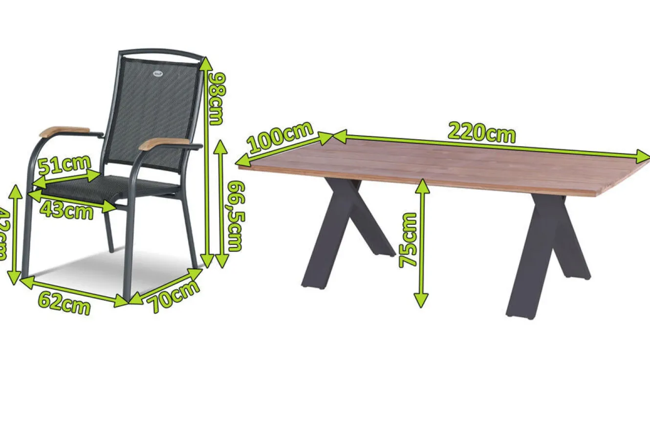 HARTMAN Xanadu / Raffaelo Garten-Essgruppe, xerix/anthrazit, Alu/Teakholz, 6 Stapelsessel, 220x100cm