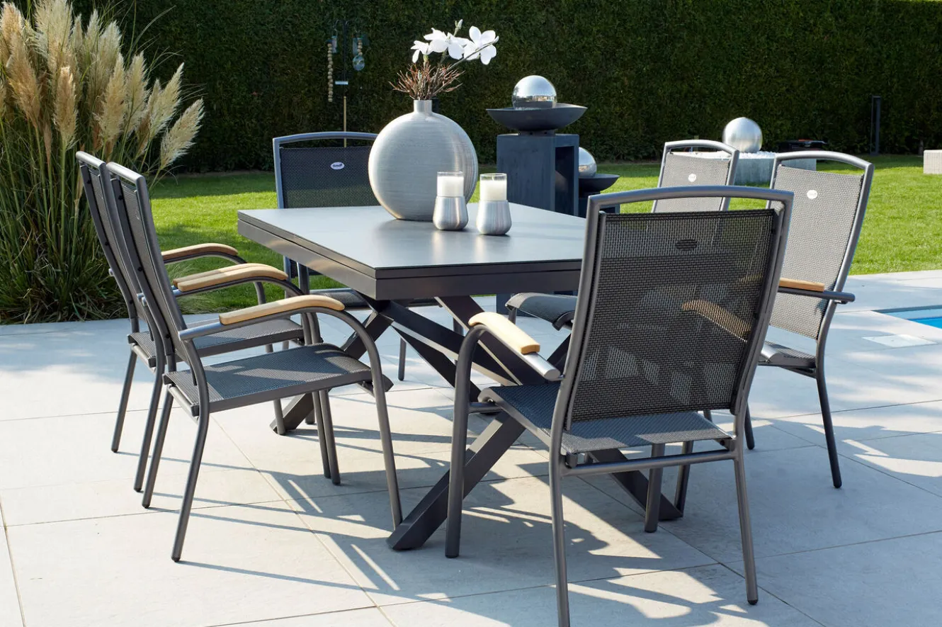 HARTMAN Xanadu / Raffaelo Garten-Essgruppe, xerix/natur, Alu/Teak/Glaskeramik, 6 Dining Sessel, 160/220x100cm, Teak Armlehnen