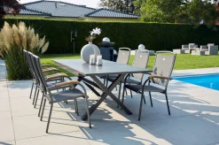HARTMAN Xanadu / Raffaelo Garten-Essgruppe, xerix/natur, Alu/Teak/Glaskeramik, 6 Dining Sessel, 160/220x100cm, Teak Armlehnen