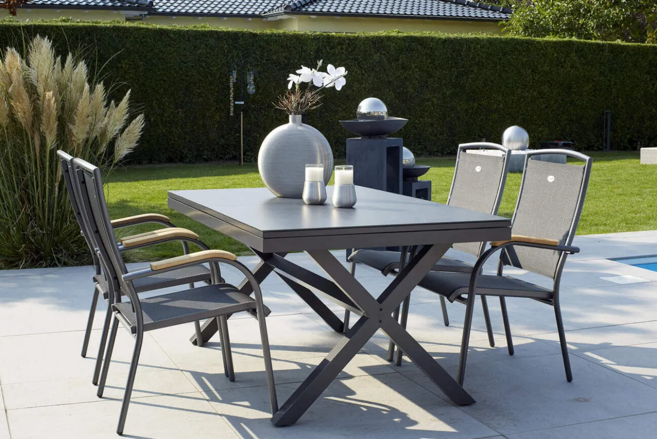 HARTMAN Xanadu / Raffaelo Garten-Essgruppe, xerix/natur, Alu/Teak/Glaskeramik, 4 Dining Sessel, 160/220x100cm, Teak Armlehnen