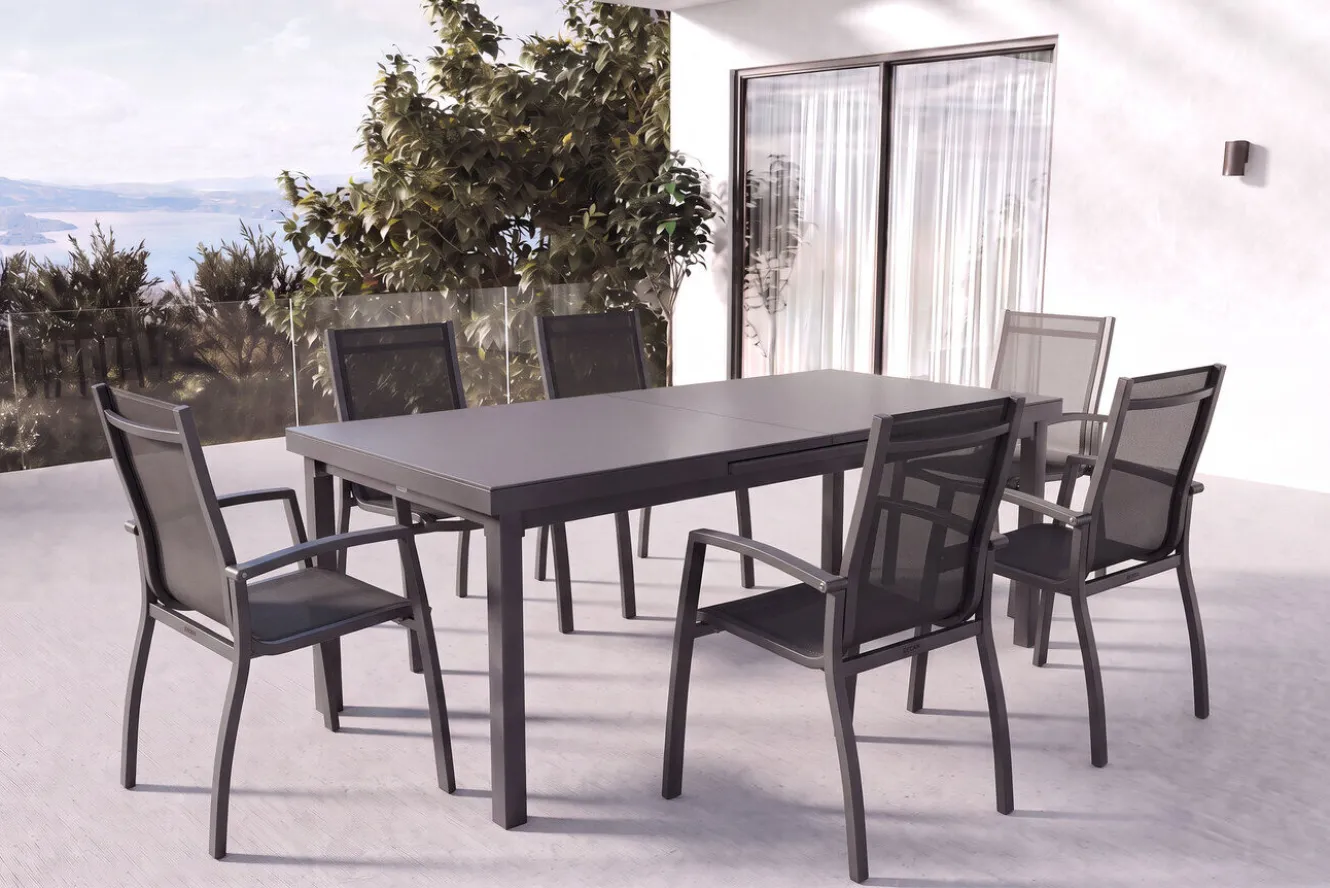KETTLER Altura Garten-Essgruppe, anthrazit, Alu/Textilene, Tisch 180/240x100cm, 6 Stapelsessel