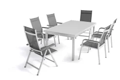 KETTLER BasicPlus Garten-Essgruppe, silber, Alu/Textilene, Tisch 180/240x100cm, 4 Stapel-, 2 Klappstühle
