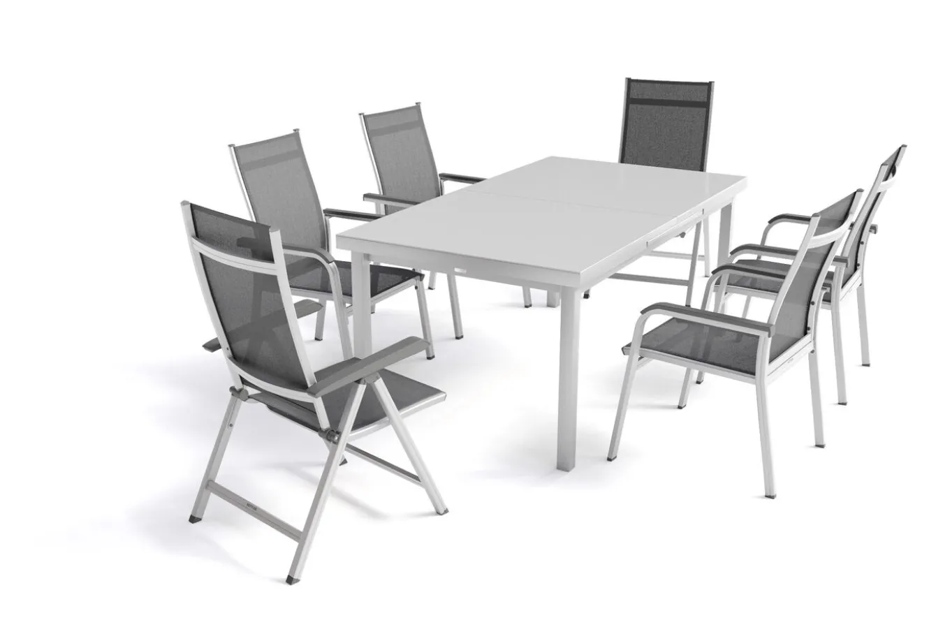 KETTLER BasicPlus Garten-Essgruppe, silber, Alu/Textilene, Tisch 180/240x100cm, 4 Stapel-, 2 Klappstühle