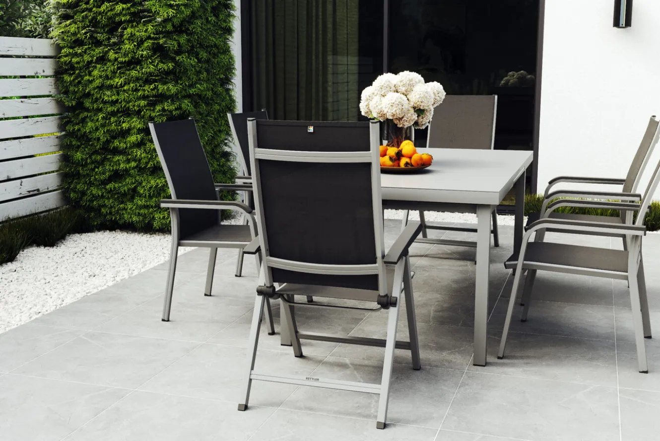 KETTLER BasicPlus Garten-Essgruppe, silber, Alu/Textilene, Tisch 180/240x100cm, 4 Stapel-, 2 Klappstühle