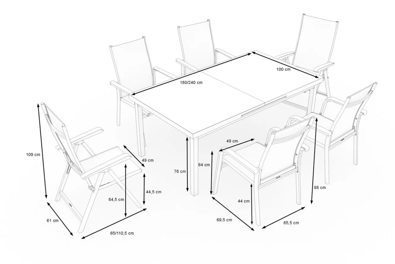 KETTLER BasicPlus Garten-Essgruppe, silber, Alu/Textilene, Tisch 180/240x100cm, 4 Stapel-, 2 Klappstühle