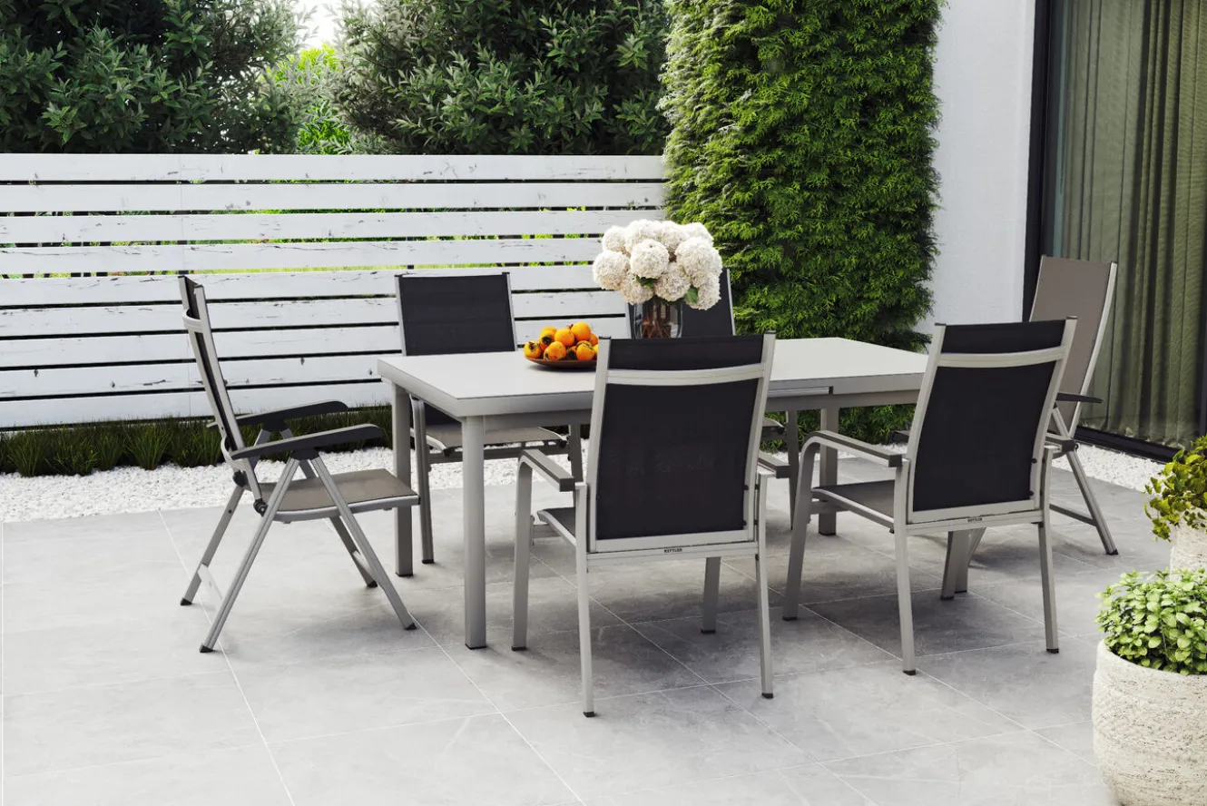 KETTLER BasicPlus Garten-Essgruppe, silber, Alu/Textilene, Tisch 180/240x100cm, 4 Stapel-, 2 Klappstühle