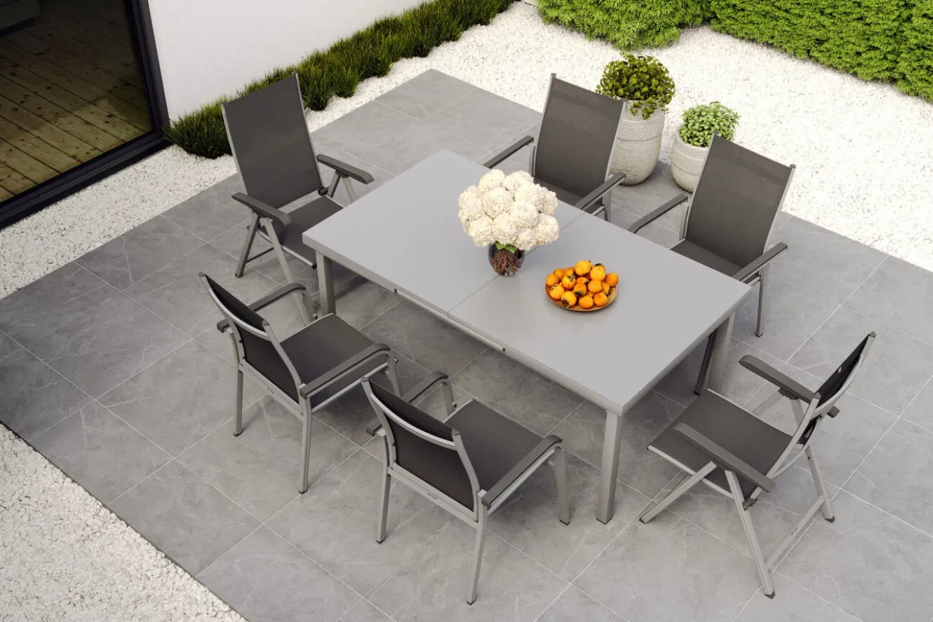 KETTLER BasicPlus Garten-Essgruppe, silber, Alu/Textilene, Tisch 180/240x100cm, 4 Stapel-, 2 Klappstühle