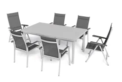 KETTLER BasicPlus Garten-Essgruppe, silber, Alu/Textilene, Tisch 180/240x100cm, 4 Stapel-, 2 Klappstühle