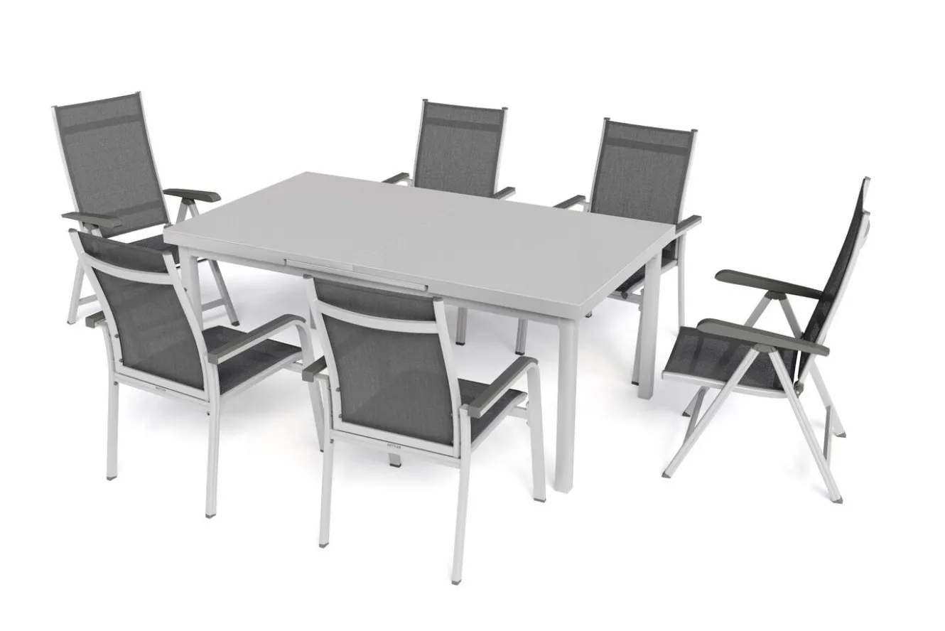KETTLER BasicPlus Garten-Essgruppe, silber, Alu/Textilene, Tisch 180/240x100cm, 4 Stapel-, 2 Klappstühle