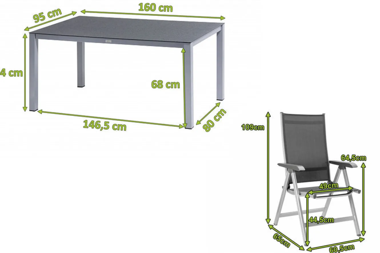 KETTLER BasicPlus Garten-Essgruppe, silber/anthrazit, Alu/Spraystone/Textil, 160 x 95 cm, 4 Klappstühle