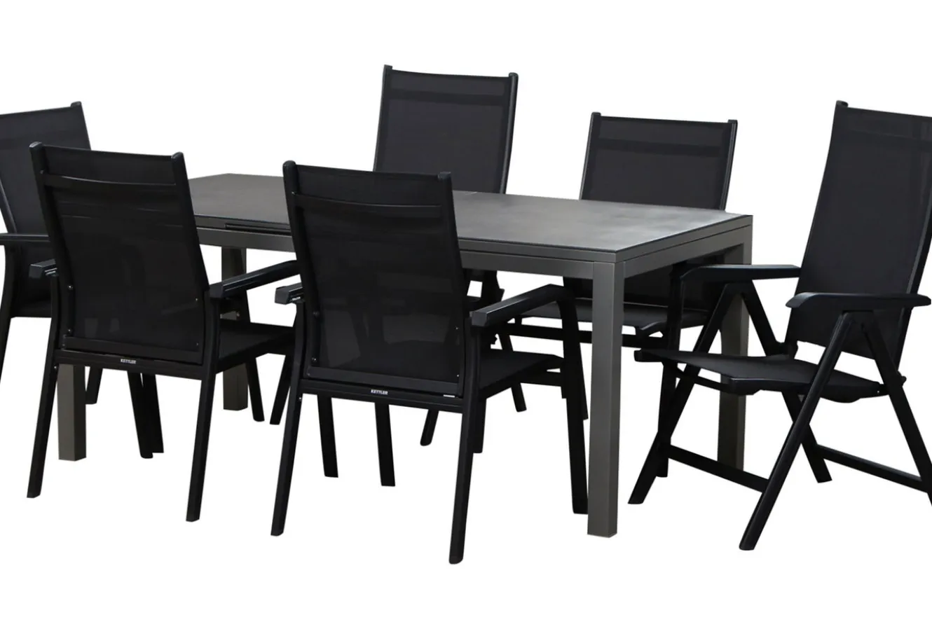 KETTLER Basic Plus Garten-Essgruppe, anthrazit/anthrazit, Alu/Textilene, 180/240x90cm, 4 Stapel-, 2 Klappstühle