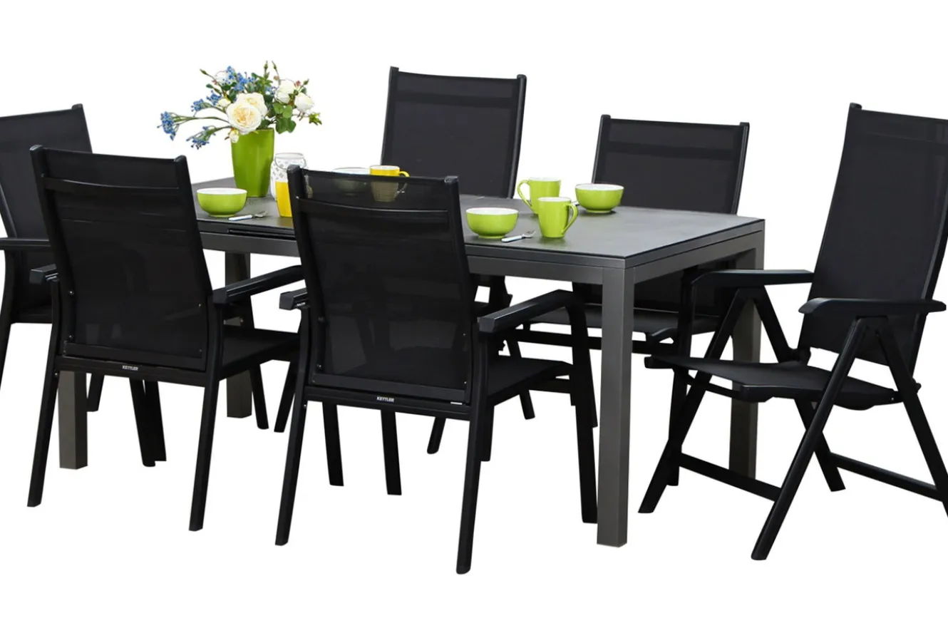 KETTLER Basic Plus Garten-Essgruppe, anthrazit/anthrazit, Alu/Textilene, 180/240x90cm, 4 Stapel-, 2 Klappstühle