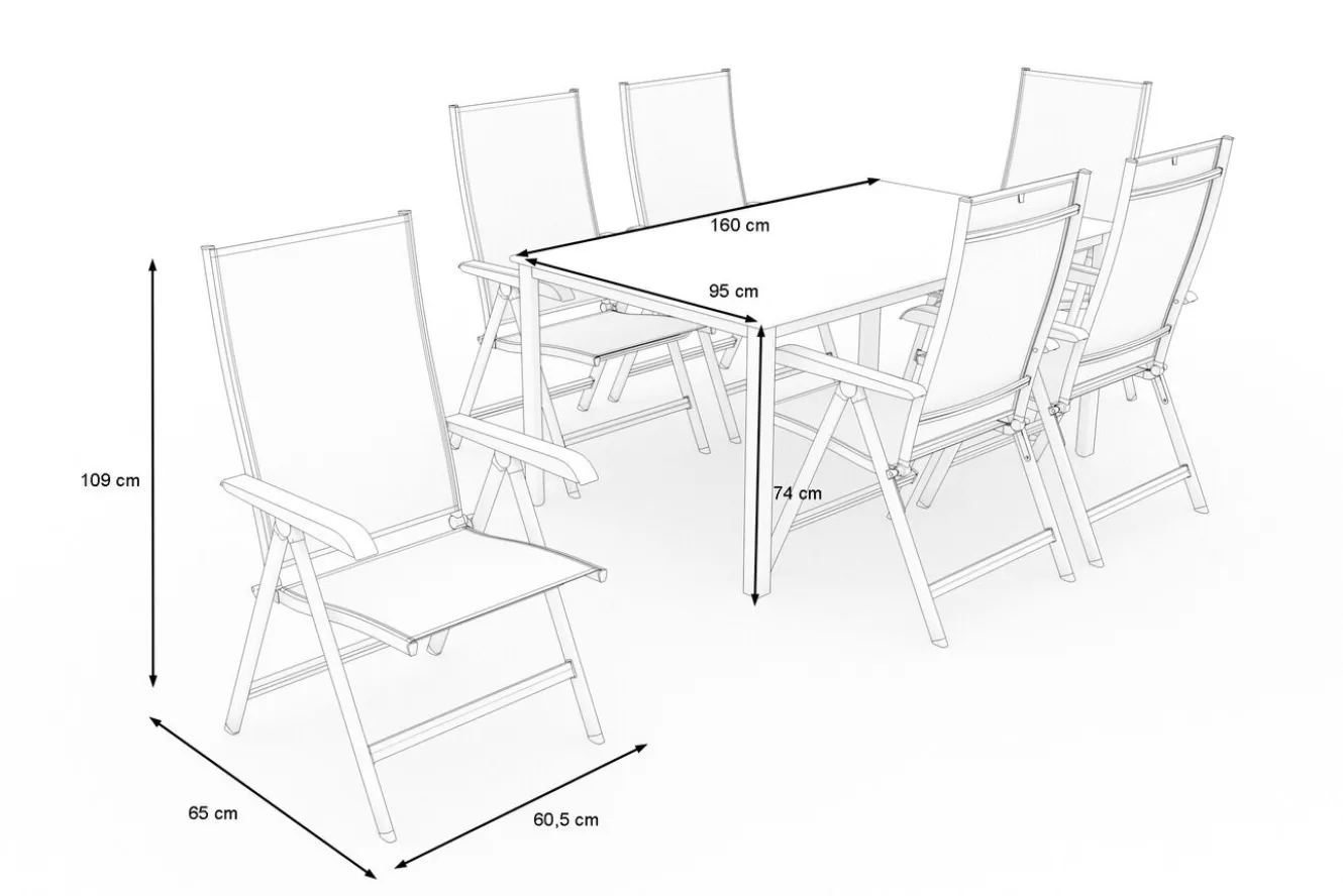 KETTLER BasicPlus Garten-Essgruppe, anthrazit, Alu/Spraystone/Textil, 160 x 95 cm, 6 Klappstühle