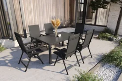 KETTLER BasicPlus Garten-Essgruppe, anthrazit, Alu/Spraystone/Textil, 160 x 95 cm, 6 Klappstühle