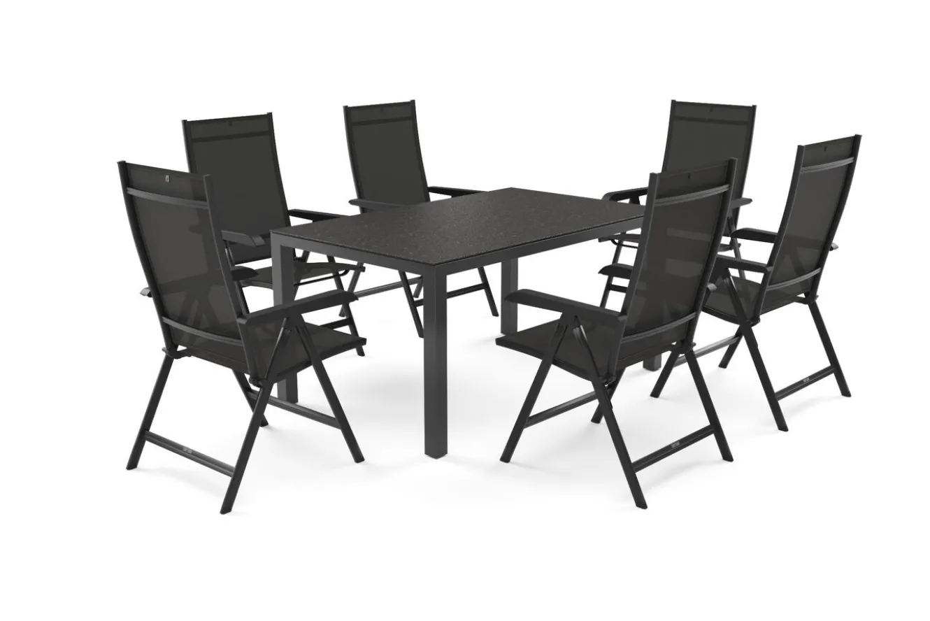 KETTLER BasicPlus Garten-Essgruppe, anthrazit, Alu/Spraystone/Textil, 160 x 95 cm, 6 Klappstühle