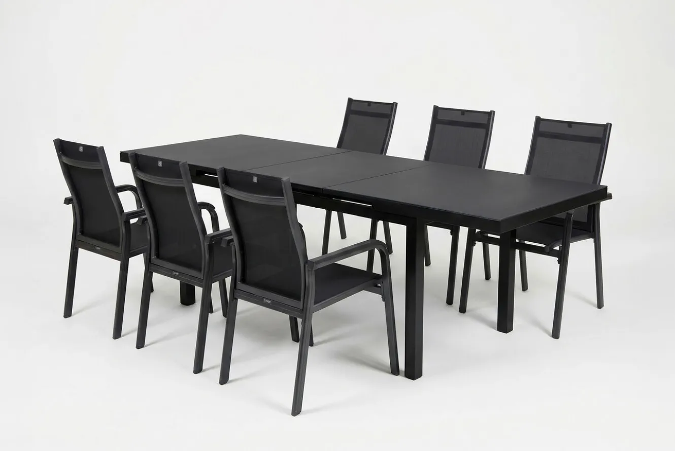 KETTLER BasicPlus Garten-Essgruppe, anthrazit, Alu/Textilene, Tisch 180/240x100cm, 6 Stapelsessel