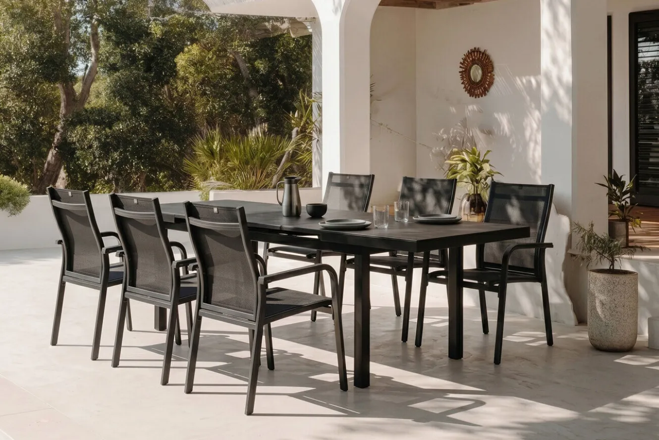 KETTLER BasicPlus Garten-Essgruppe, anthrazit, Alu/Textilene, Tisch 180/240x100cm, 6 Stapelsessel