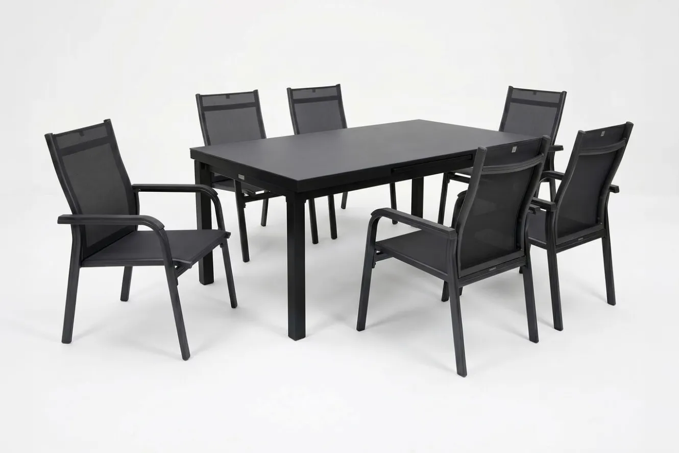 KETTLER BasicPlus Garten-Essgruppe, anthrazit, Alu/Textilene, Tisch 180/240x100cm, 6 Stapelsessel
