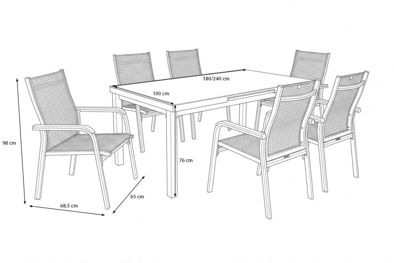 KETTLER BasicPlus Garten-Essgruppe, anthrazit, Alu/Textilene, Tisch 180/240x100cm, 6 Stapelsessel