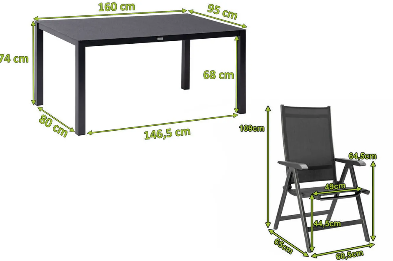 KETTLER BasicPlus Garten-Essgruppe, anthrazit, Alu/Spraystone/Textil, 160 x 95 cm, 4 Klappstühle