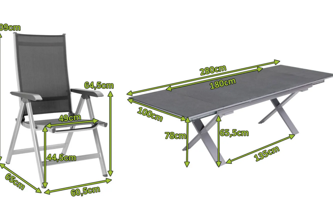 KETTLER BasicPlus Garten-Essgruppe, silber / anthrazit, Alu / Spraystone / Textil, Tisch 180/280x100cm, 8 Klappstühle