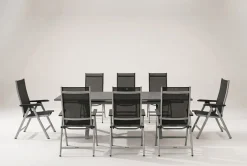 KETTLER BasicPlus Garten-Essgruppe, silber / anthrazit, Alu / Spraystone / Textil, Tisch 180/280x100cm, 8 Klappstühle