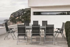 KETTLER BasicPlus Garten-Essgruppe, silber / anthrazit, Alu / Spraystone / Textil, Tisch 180/280x100cm, 8 Klappstühle