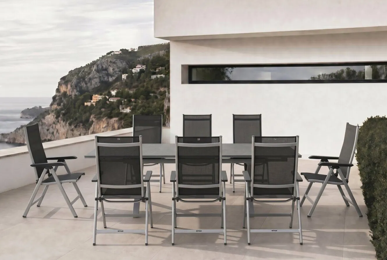 KETTLER BasicPlus Garten-Essgruppe, silber / anthrazit, Alu / Spraystone / Textil, Tisch 180/280x100cm, 8 Klappstühle