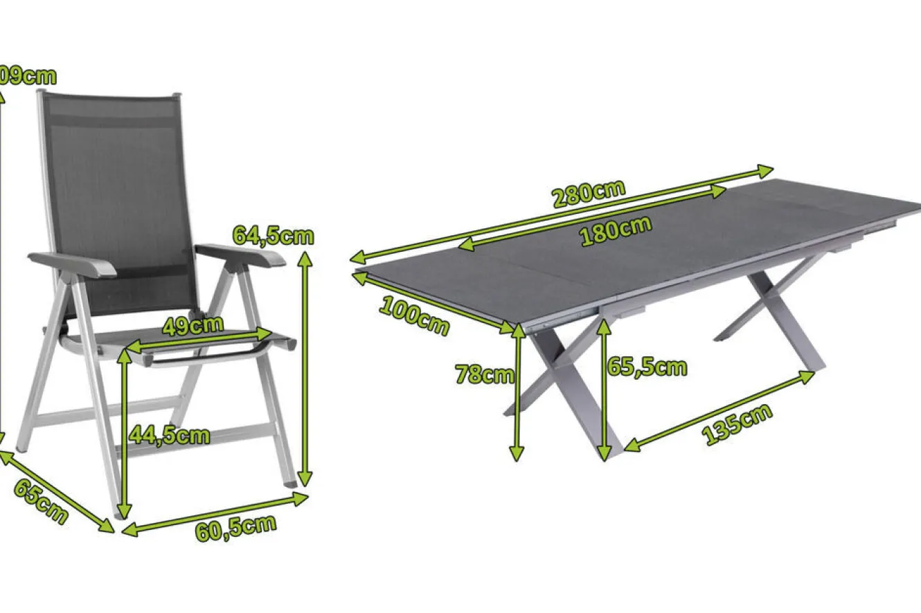 KETTLER BasicPlus Garten-Essgruppe, silber / anthrazit, Alu / Spraystone / Textil, Tisch 180/280x100cm, 8 Klappstühle