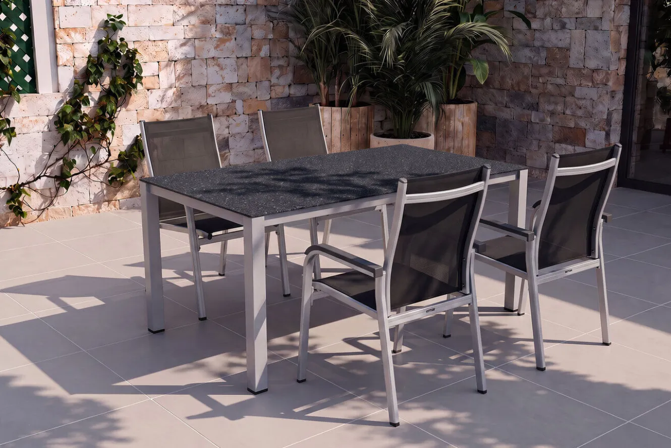 KETTLER BasicPlus Garten-Essgruppe, silber/anthrazit, Alu/Spraystone/Textil, 160x95 cm, 4 Stapelsessel