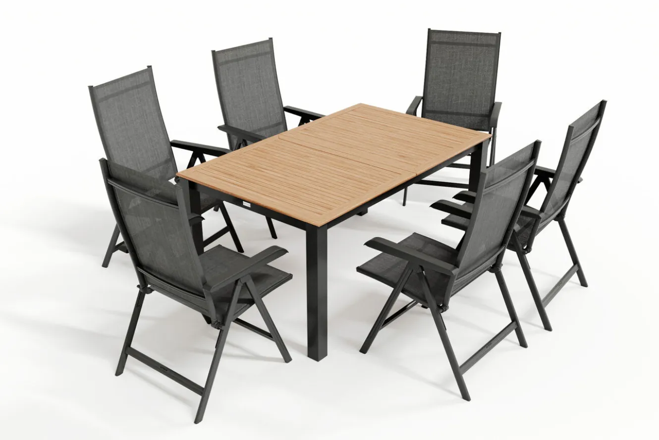 KETTLER BasicPlus Garten-Essgruppe mit 6 Sesseln & Tisch, anthrazit matt, Alu/Textilene, ausziehbar & klappbar