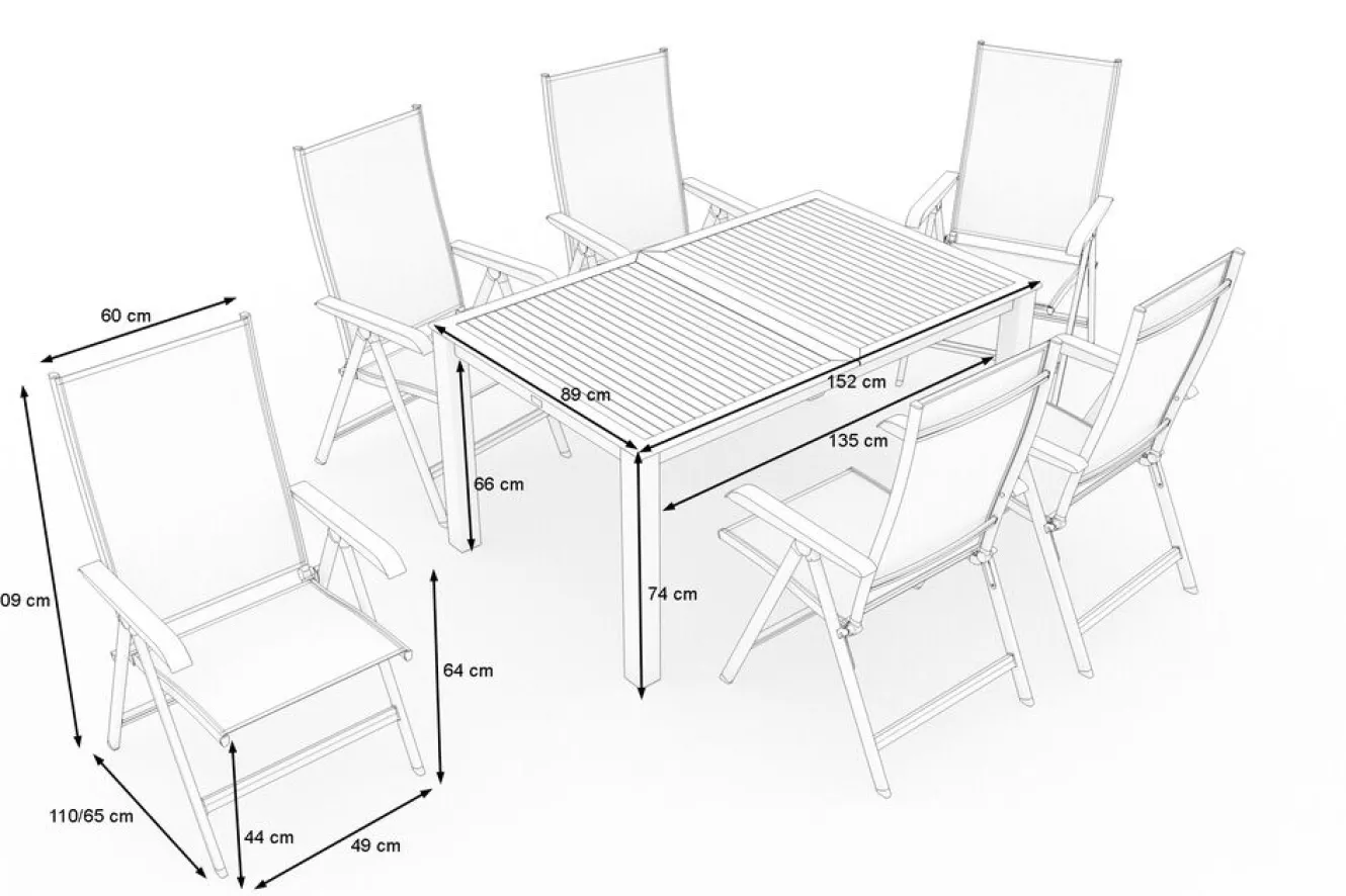 KETTLER BasicPlus Garten-Essgruppe mit 6 Sesseln & Tisch, anthrazit matt, Alu/Textilene, ausziehbar & klappbar