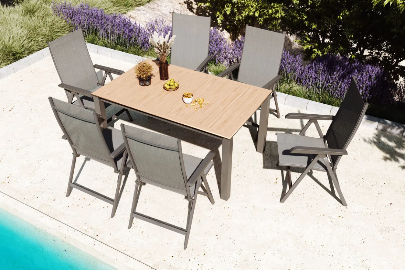 KETTLER BasicPlus Garten-Essgruppe mit 6 Sesseln & Tisch, anthrazit matt, Alu/Textilene, ausziehbar & klappbar