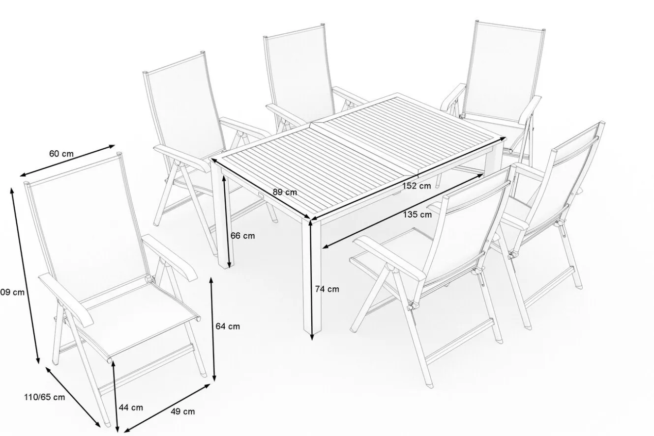 KETTLER BasicPlus Garten-Essgruppe mit 6 Sesseln & Tisch, anthrazit matt, Alu/Textilene, ausziehbar & klappbar