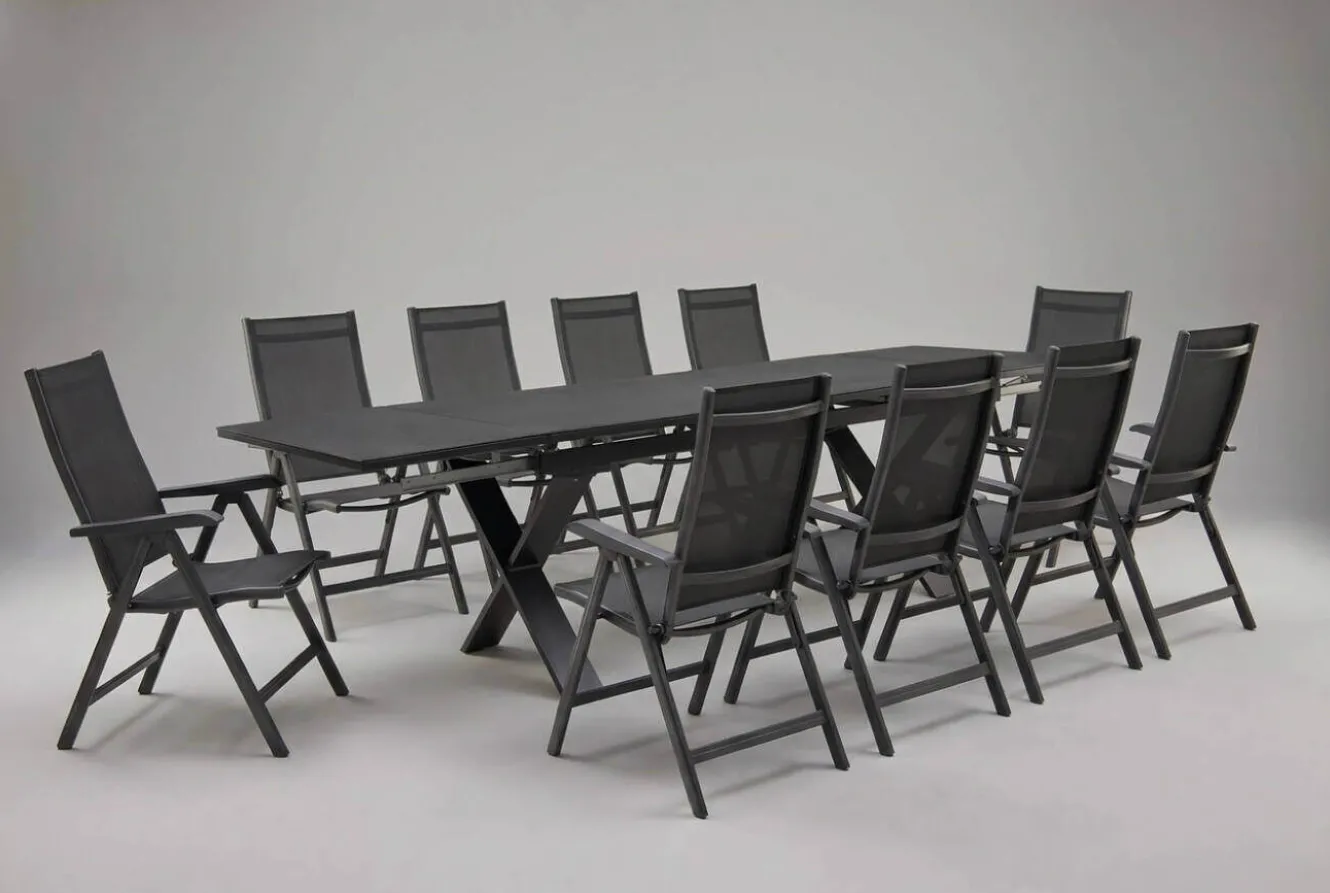 KETTLER BasicPlus Garten-Essgruppe, anthrazit, Alu / Spraystone / Textil, Tisch 180/280x100cm, 10 Klappstühle