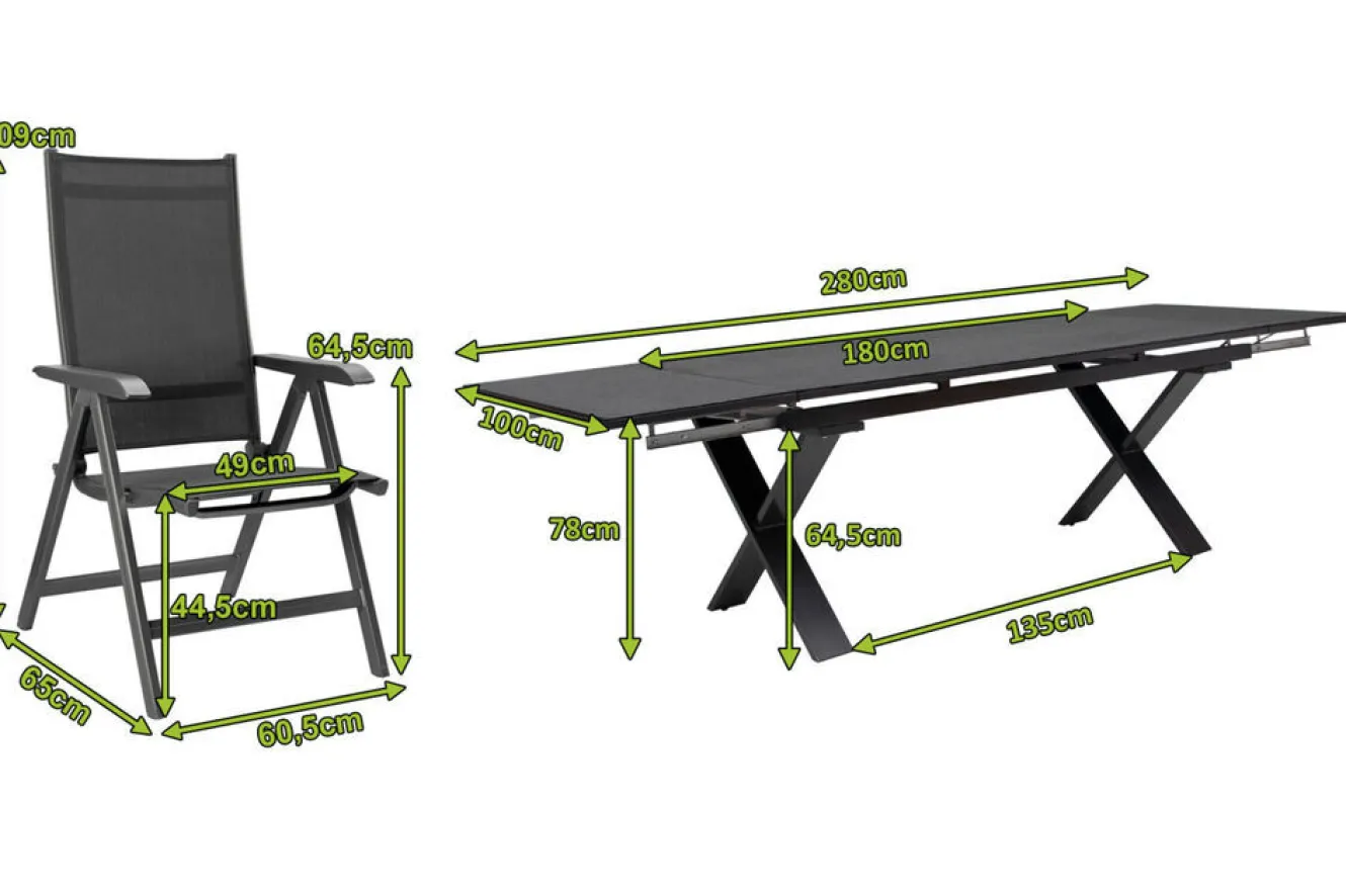 KETTLER BasicPlus Garten-Essgruppe, anthrazit, Alu / Spraystone / Textil, Tisch 180/280x100cm, 10 Klappstühle