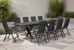 KETTLER BasicPlus Garten-Essgruppe, anthrazit, Alu / Spraystone / Textil, Tisch 180/280x100cm, 10 Klappstühle
