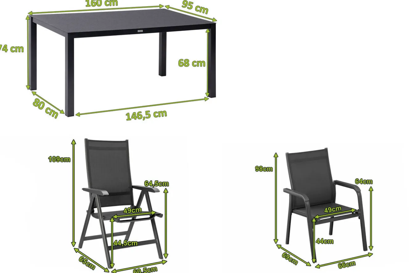 KETTLER BasicPlus Garten-Essgruppe, anthrazit, Alu/Spraystone/Textil, 160 x 95 cm, 4 Stapelsessel, 2 Klappstühle