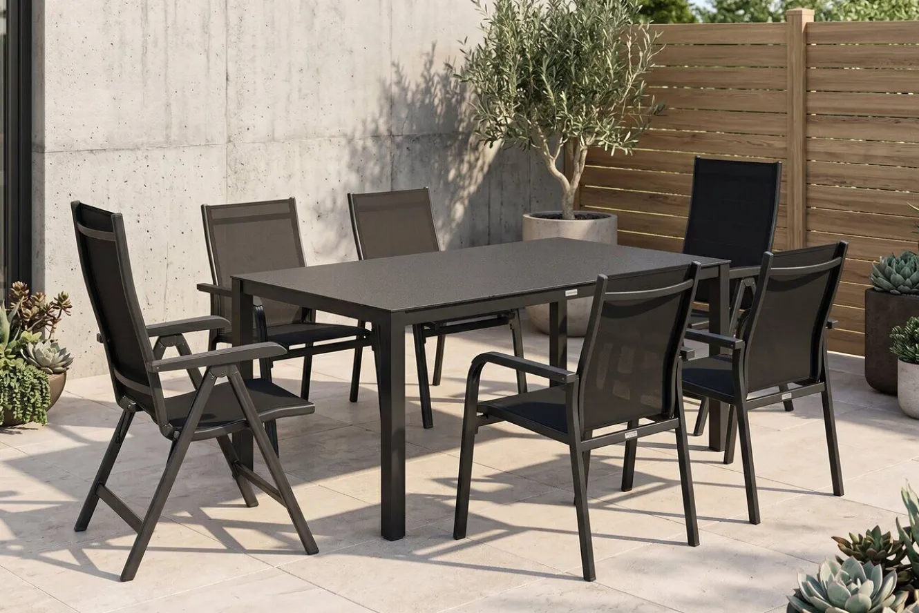 KETTLER BasicPlus Garten-Essgruppe, anthrazit, Alu/Spraystone/Textil, 160 x 95 cm, 4 Stapelsessel, 2 Klappstühle