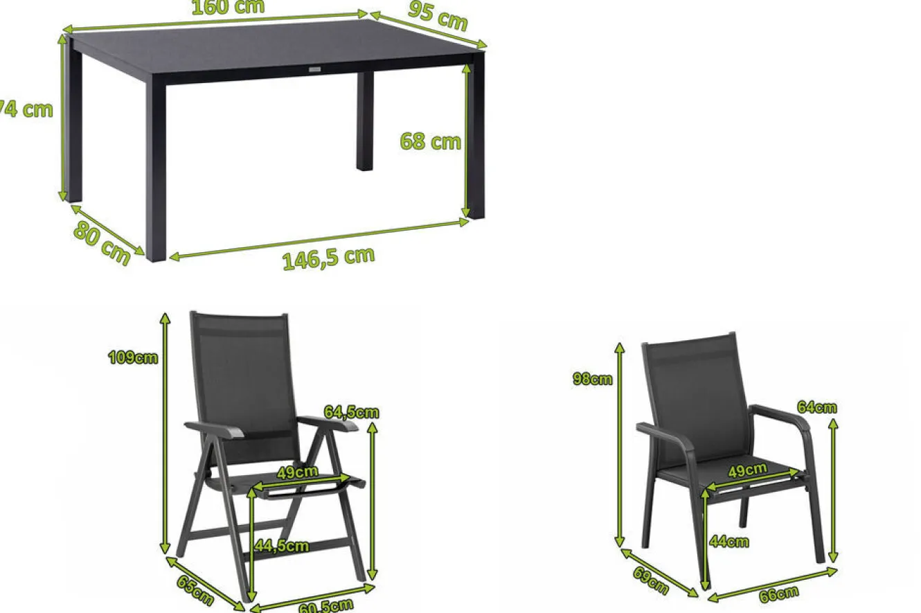 KETTLER BasicPlus Garten-Essgruppe, anthrazit, Alu/Spraystone/Textil, 160 x 95 cm, 4 Stapelsessel, 2 Klappstühle