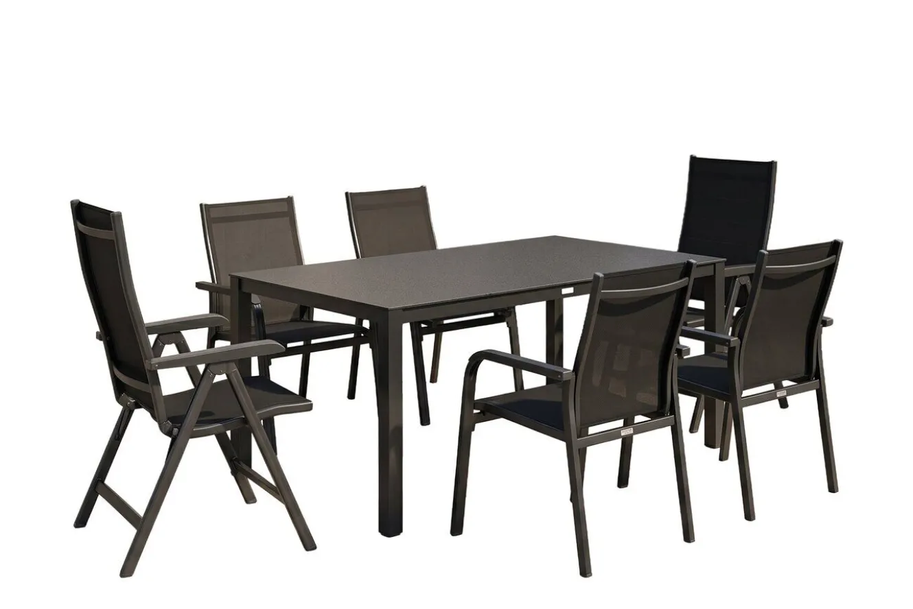 KETTLER BasicPlus Garten-Essgruppe, anthrazit, Alu/Spraystone/Textil, 160 x 95 cm, 4 Stapelsessel, 2 Klappstühle